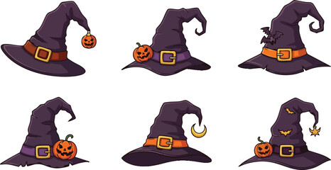 Halloween Witch Hat Vector Set – Spooky Cartoon Hats with Pumpkins, Bats, Moon and Stars for Holiday Design