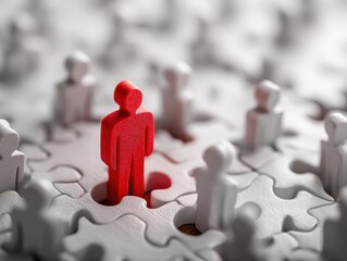 Jigsaw puzzle piece with red businessperson standing out from the crowd.Think different and unique concept.