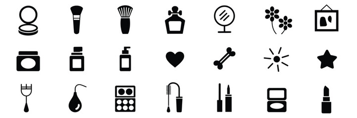 Beauty & Self-Care Icon Set – 24 Black Silhouette Symbols for Cosmetics, Skincare, and Personal Wellness