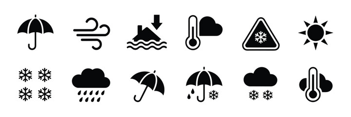 Weather & Climate Icon Set – Black Silhouette Symbols for Forecasting, Navigation, and Atmospheric Conditions