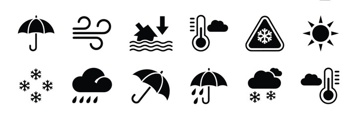 Weather & Climate Icon Set – Black Silhouette Symbols for Forecasting, Navigation, and Atmospheric Conditions