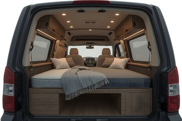 Campervan interior, bed, lights, storage, road trip