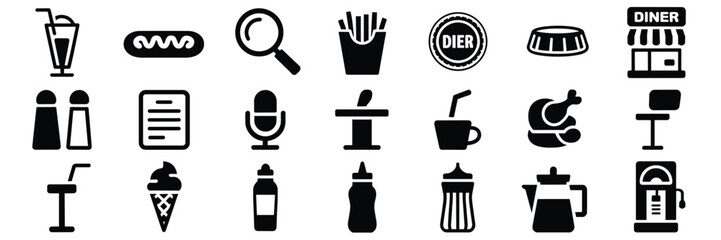 Restaurant & Dining Icon Set – 20 Black Silhouette Symbols for Food, Drinks, and Service Elements
