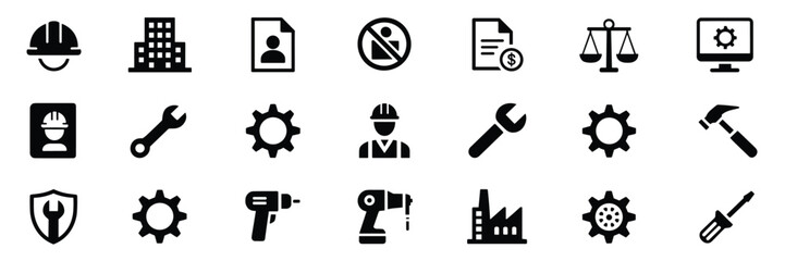Construction & Administration Icon Set – Black Line Art Symbols for Engineering, Legal, and Industrial Themes