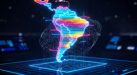 Holographic south america map glowing with neon colors on digital grid