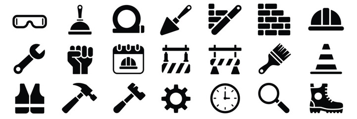 Construction & Safety Icon Set – Black Silhouette Symbols for Tools, Gear, and Worksite Equipment