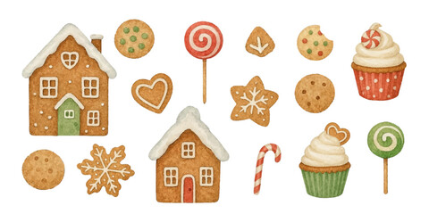 Christmas watercolor illustration set with gingerbread houses, cookies, cupcakes, candy canes, lollipops, caramel sweets, festive holiday elements, isolated on white background, perfect for packaging,
