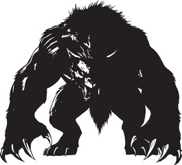 Obraz premium Silhouette of a fearsome werewolf creature with sharp claws and hulking muscular form in monochrome artistic style