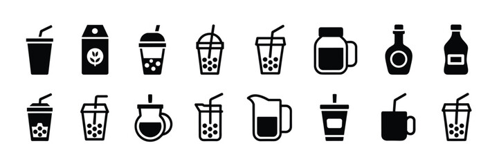 Beverage Icon Set – Black and White Line Art Symbols for Bubble Tea, Coffee, and Drinkware