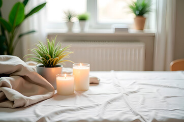 Cozy Bedroom Still Life with Candles and Plants