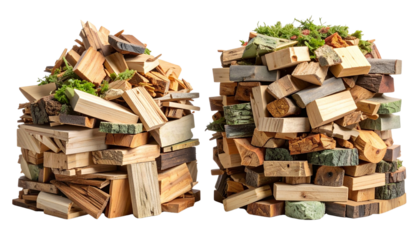 Two perfectly arranged piles of reclaimed wood fragments, light browns, beiges, muted greens, on a pristine with ample copy space. Concept of sustainable innovation isolated on white bg