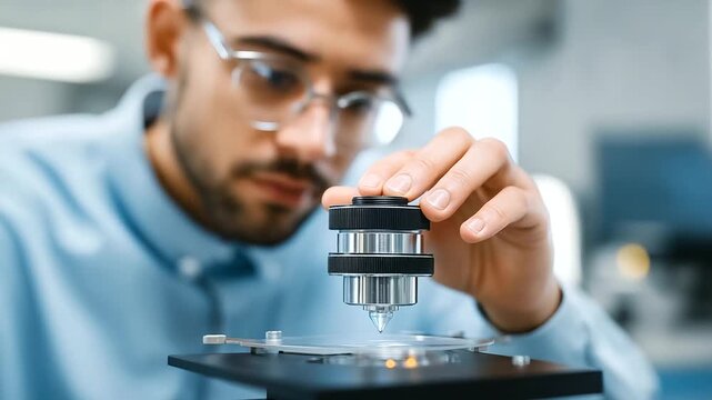 An optical glass manufacturing laboratory produces a precision lens with nanometer surface accuracy. An engineer is shown inspecting the flawless lens, which is destined for advanc