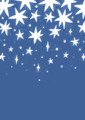 Holiday abstract magic vertical vector illustration. Falling white stars on blue background and with place for text. Design for flyer, invitation, greeting card