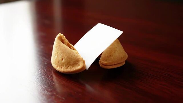 Fortune cookie opening to reveal hidden message on wooden table