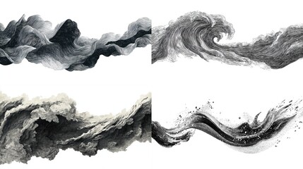 Four abstract monochrome wave patterns, set against a white background. Each design features flowing, textured, organic forms resembling water or clouds, in shades of gray and black