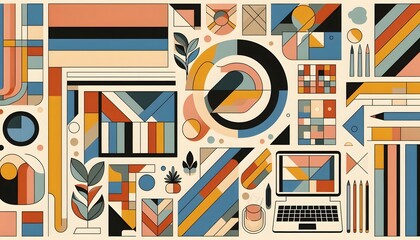 Abstract geometric design featuring stylized plants, a laptop, and overlapping shapes in a muted color palette of blues, oranges, and creams.