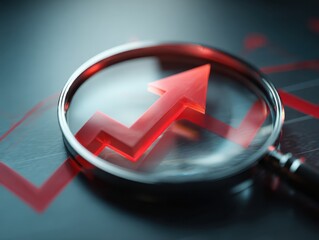Looking upside growth arrow with magnifying glass. Concept image