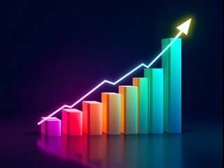 Futuristic colorful bar chart showing upward trend with glowing arrow symbolizing business growth and financial success