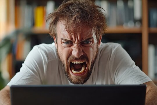 Frustrated man at work dealing with a computer issue, working through technical problems with determination, Generative AI