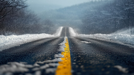 Winter highway in blizzard with yellow line, cinematic icy perspective, dramatic snowy road, freezing cold atmosphere, neutral copy area