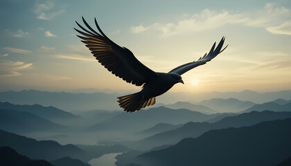 Fototapeta premium A majestic eagle soars through the air, wings outstretched, against a backdrop of misty mountains and a soft, glowing sunset.