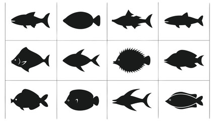 Twelve distinct black fish silhouettes white aquatic