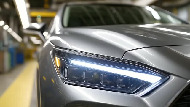 An automotive lighting manufacturing facility produces modern LED headlights. The assembly line also integrates advanced driver-assistance system (ADAS) sensors into the lighting m