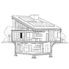 Architectural crosssection illustration of a modern sustainable house with solar panels.