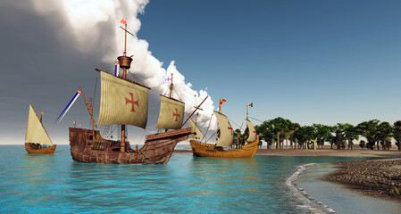 Santa Maria, Nina und Pinta von Christoph Kolumbus vor einer Insel