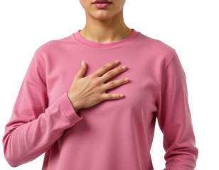 Young woman in pink shirt with hand on chest expressing emotion