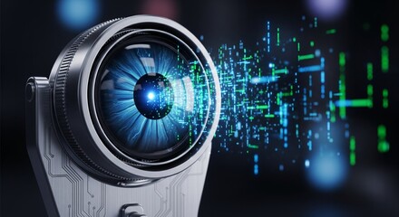 Futuristic eye-shaped lens projecting leaking data streams