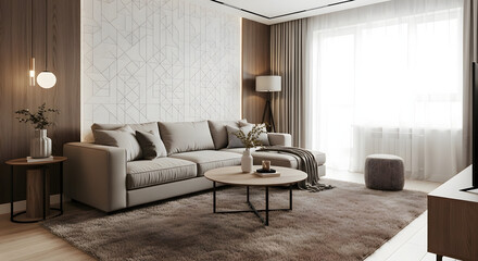 Obraz premium Modern and elegant living room interior with a large sectional sofa, round coffee table, and warm lighting, featuring neutral tones and textured walls.