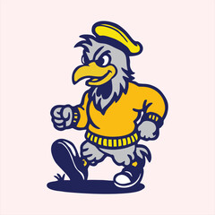 Confident Cartoon Bird Mascot Walking in Yellow Sweater and Hat