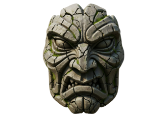A weathered stone mask, intricate with cracked texture and detailed carving, displays an angry expression against a stark black background.