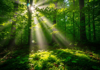 Obraz premium Sunlight streams through lush green forest canopy