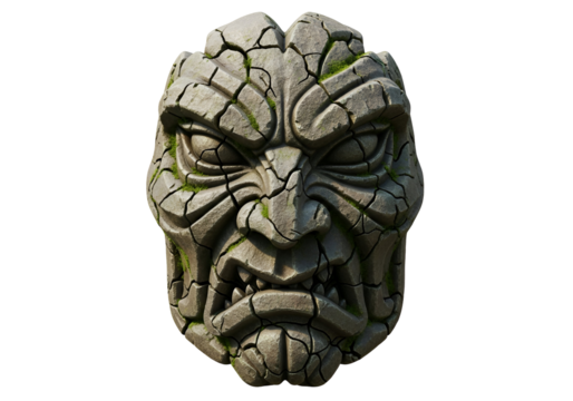 A weathered stone mask, intricate with cracked texture and detailed carving, displays an angry expression against a stark black background.