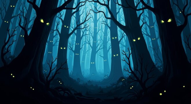 Mysterious glowing eyes peer from a dark, enchanting forest at twilight