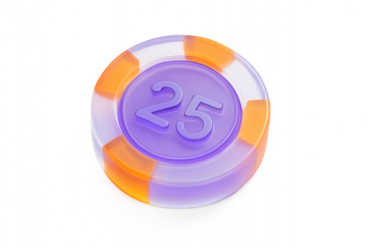 Colorful casino chip with number twenty-five on a white background for gaming and betting