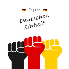 German Unity Day concept with hands up or fists up of Germany flag colors and text "Tag der Deutschen Einheit" isolated on white background. Vector template for 3 Oktober celebrating banner design.