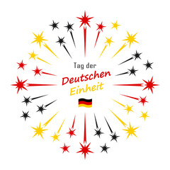 German Unity Day concept with round fireworks of Germany flag colors and text "Tag der Deutschen Einheit" isolated on white background. Vector template for 3 Oktober celebrating banner design.