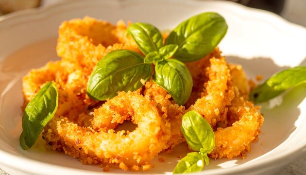 Crispy fried calamari rings topped with fresh basil on a white plate