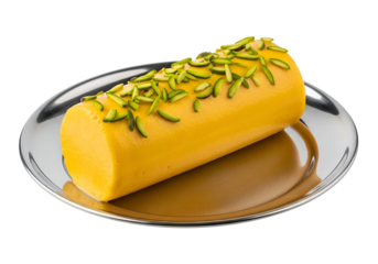 A vibrant, cylindrical piece of yellow sweetmeat, topped with pistachios, sits on a polished silver plate.