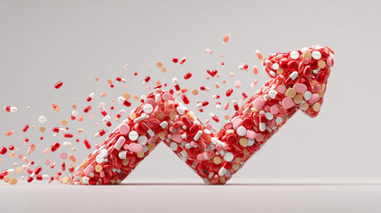 Rising drug costs concept with pills forming an upward arrow
