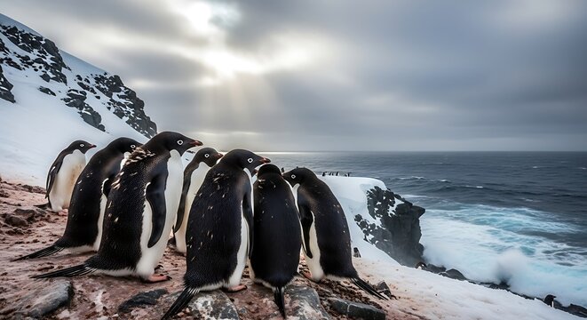 A group of penguins huddled together on a rocky shore in antarctica - Powered by Adobe