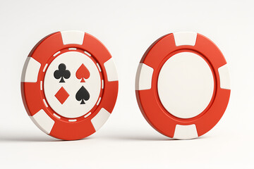 Red casino poker chip with playing card symbols on a clean white background for gaming