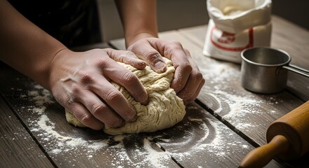 Hands kneading dough on wooden table