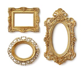 Set of vintage golden frames isolated on a white background