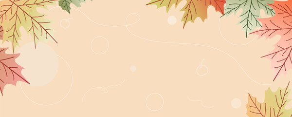 Vector - Beautiful Autumn, fall season header on pastel color. Many maple leaves, butterfly. Copy space.