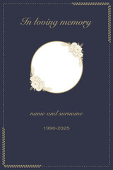 Vector - Beautiful  memorial, invitation card on dark blue and flower. RIP (Rest in peace). Copy space.