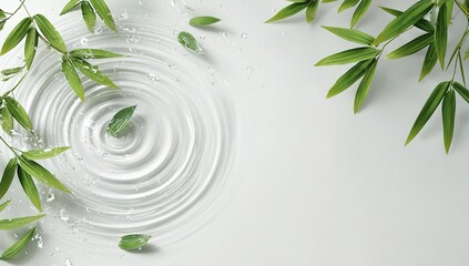 White background, water ripples and bamboo leaves, top view, light green tone, fresh style